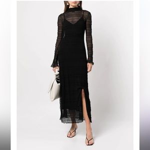 Simkhai Standard Hayley smocked long sleeve midi dress slit sheer mock neck